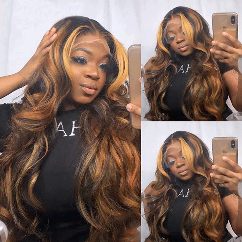 warm brown hair with blonde highlights lace front wigs 