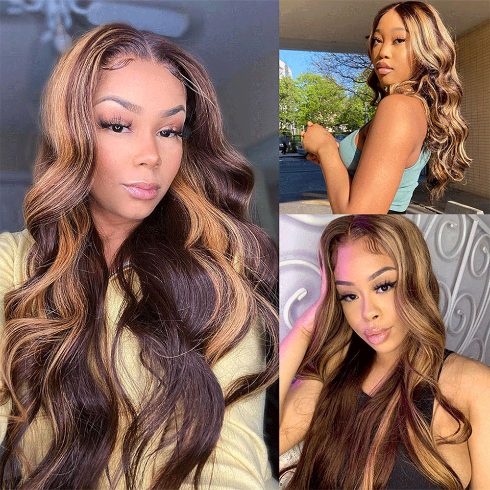 Medium brown hair with blonde highlights Lace frontal wigs